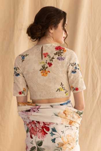 Shop_Dried Flowers_Multi Color Silk, Chanderi High Neck Floral Garden Pattern Saree With Blouse _Online_at_Aza_Fashions