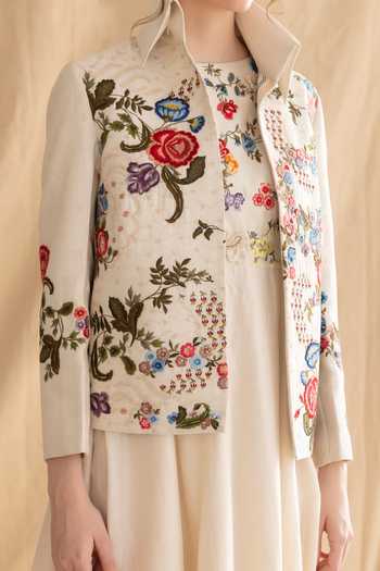 Dried Flowers_Multi Color Silk, Cotton, Chanderi Open Neck Hand Embroidered Jacket _Online_at_Aza_Fashions