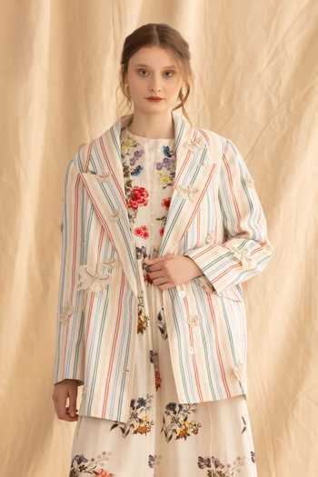 Buy_Dried Flowers_Multi Color Cotton Collared Neck Striped Organic Jacket _at_Aza_Fashions