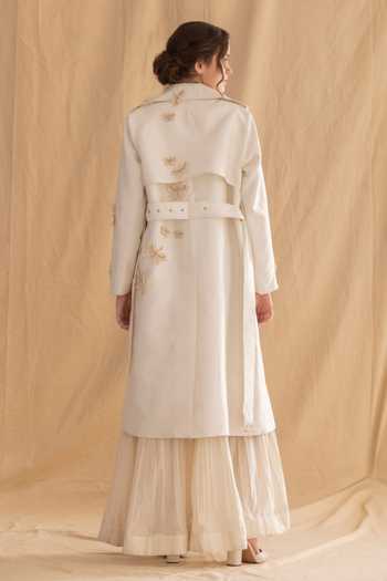 Shop_Dried Flowers_Ivory Silk, Cotton Collared Neck 3d Embroidered Raw Jacket _at_Aza_Fashions