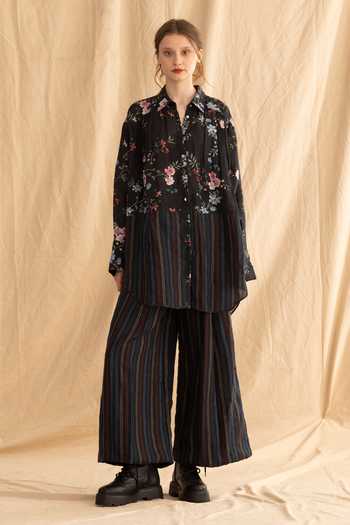 Buy_Dried Flowers_Black Linen Collared Neck Floral And Stripe Pure Shirt & Pant Set _at_Aza_Fashions