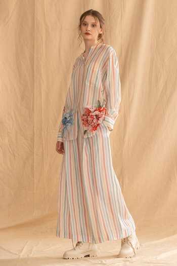 Buy_Dried Flowers_Multi Color Cotton, Linen Mandarin Collar Stripe Pattern Shirt And Pant Set _Online_at_Aza_Fashions
