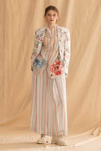 Shop_Dried Flowers_Multi Color Cotton, Linen Mandarin Collar Stripe Pattern Shirt And Pant Set _Online_at_Aza_Fashions