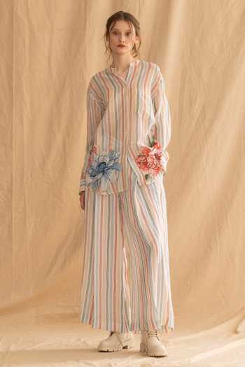 Buy_Dried Flowers_Multi Color Cotton, Linen Mandarin Collar Stripe Pattern Shirt And Pant Set _at_Aza_Fashions
