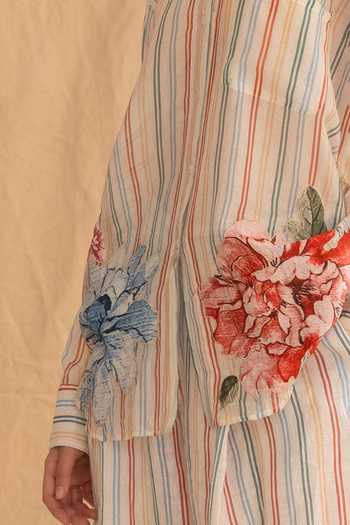 Dried Flowers_Multi Color Cotton, Linen Mandarin Collar Stripe Pattern Shirt And Pant Set _at_Aza_Fashions