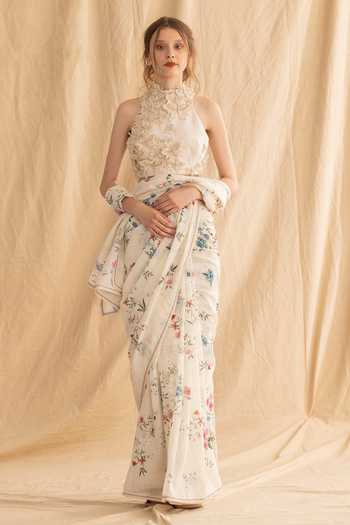 Buy_Dried Flowers_Ivory Cotton, Silk, Chanderi Halter Neck Handwoven Printed Saree And Blouse Set _at_Aza_Fashions