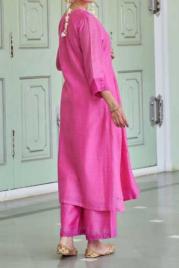 Shop_Charu Makkar_Fuchsia Cotton, Chanderi Embroidery Split V-neck Floral Kurta And Palazzo Set _at_Aza_Fashions