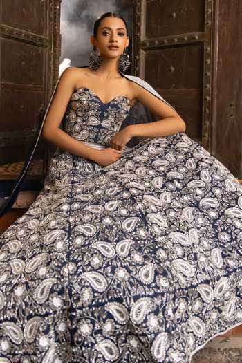 Buy_Devkalii_Blue Organza Sequins, Beads, Stones, Cut Work Paisley Embroidered Lehenga Set 