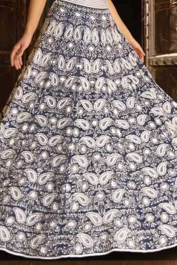 Devkalii_Blue Organza Sequins, Beads, Stones, Cut Work Paisley Embroidered Lehenga Set _Online