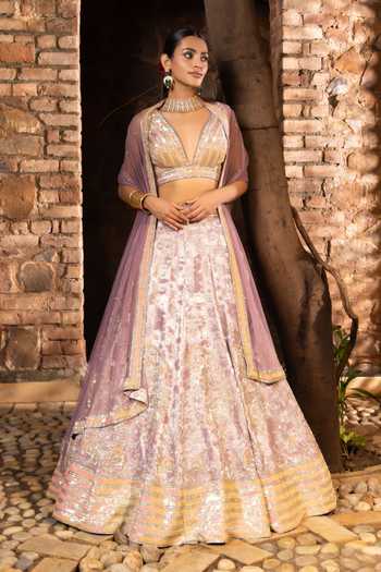 Buy_Devkalii_Pink Net V-neck Sequin Work Lehenga Set _at_Aza_Fashions