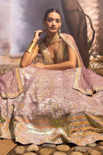 Devkalii_Pink Net V-neck Sequin Work Lehenga Set _Online