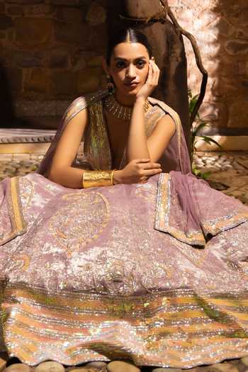 Buy_Devkalii_Pink Net V-neck Sequin Work Lehenga Set _Online