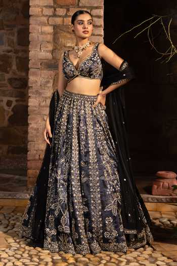 Buy_Devkalii_Black Net V-neck Floral Embroidered Lehenga Set 