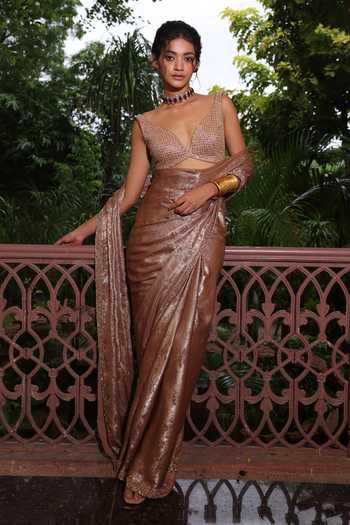 Buy_Devkalii_Gold V-neck Shimmer Saree With Embroidered Blouse _at_Aza_Fashions