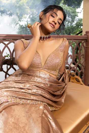 Buy_Devkalii_Gold V-neck Shimmer Saree With Embroidered Blouse _Online_at_Aza_Fashions