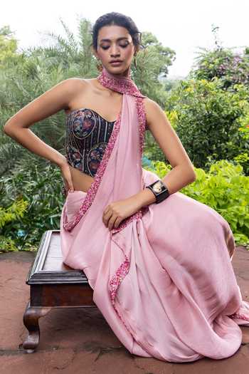 Devkalii_Pink Organza Sweetheart Neck Hand Embellished Saree With Blouse _at_Aza_Fashions