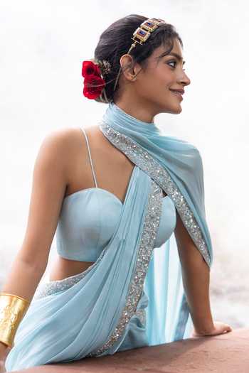 Devkalii_Sky Blue Organza Sweetheart Neck Border Embellished Saree With Blouse _Online_at_Aza_Fashions