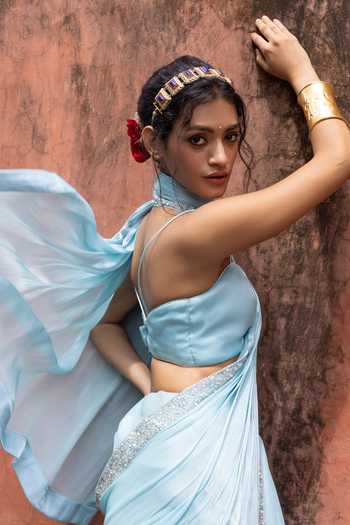 Shop_Devkalii_Sky Blue Organza Sweetheart Neck Border Embellished Saree With Blouse _Online_at_Aza_Fashions