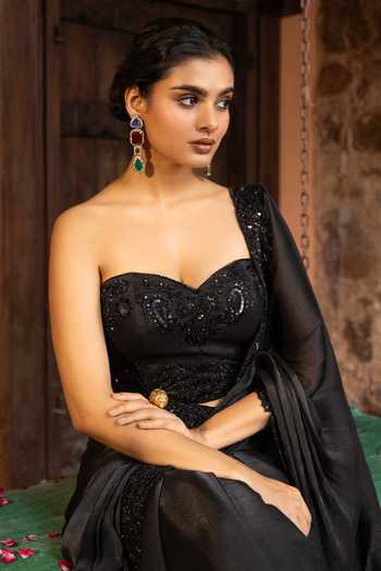 Buy_Devkalii_Black Organza Embroidery Sweetheart Neck Saree And Corset Set _Online_at_Aza_Fashions