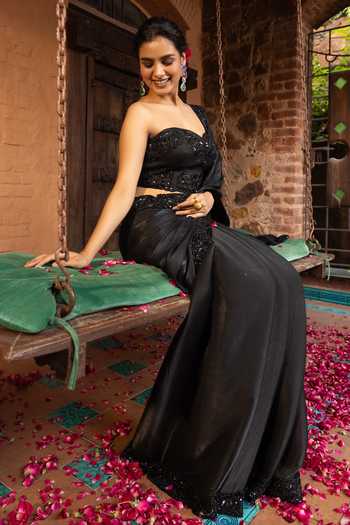 Shop_Devkalii_Black Organza Embroidery Sweetheart Neck Saree And Corset Set _Online_at_Aza_Fashions