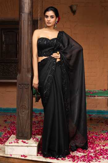 Shop_Devkalii_Black Organza Embroidery Sweetheart Neck Saree And Corset Set _at_Aza_Fashions