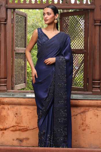 Buy_Devkalii_Blue Organza Leaf Neck Hand-embroidered Saree And Blouse Set _at_Aza_Fashions