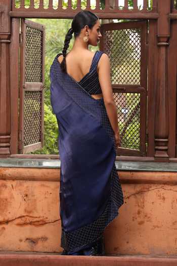 Devkalii_Blue Organza Leaf Neck Hand-embroidered Saree And Blouse Set _Online_at_Aza_Fashions