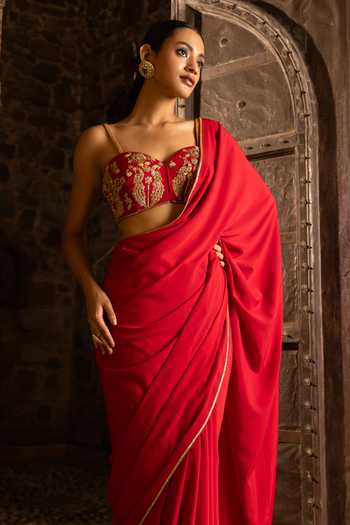 Buy_Devkalii_Red Crepe Sweetheart Neck Peacock Hand Embroidered Blouse With Pre-draped Saree _Online_at_Aza_Fashions