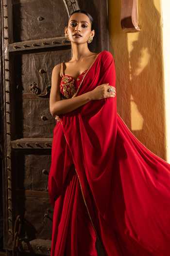 Shop_Devkalii_Red Crepe Sweetheart Neck Peacock Hand Embroidered Blouse With Pre-draped Saree _Online_at_Aza_Fashions