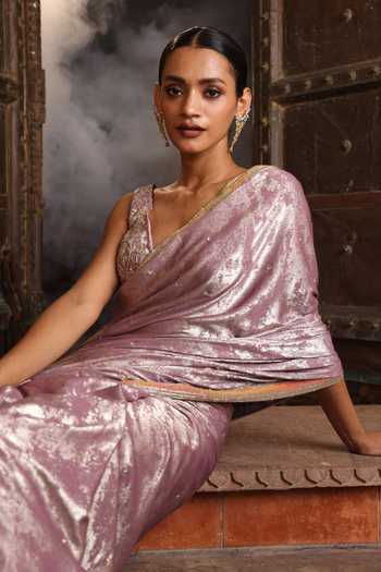 Devkalii_Pink V-neck Shimmer Hand Embroidered Saree With Blouse _Online_at_Aza_Fashions