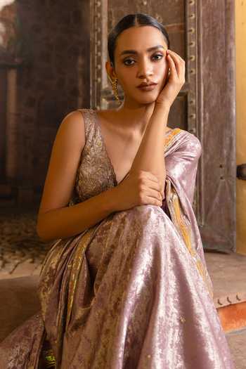 Buy_Devkalii_Pink V-neck Shimmer Hand Embroidered Saree With Blouse _Online_at_Aza_Fashions
