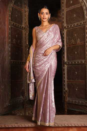 Buy_Devkalii_Pink V-neck Shimmer Hand Embroidered Saree With Blouse _at_Aza_Fashions