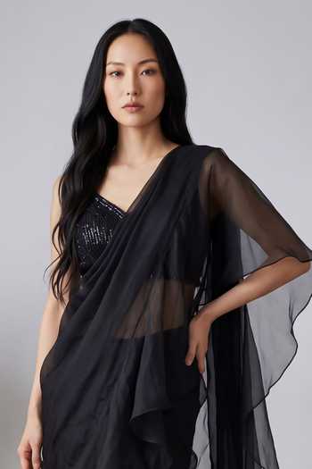 Devkalii_Black Organza V-neck Ruffle Pre-draped Saree And Blouse Set _Online_at_Aza_Fashions