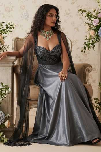 Devkalii_Grey Organza Sweetheart Neck Sequin Embellished Anarkali Set _Online_at_Aza_Fashions