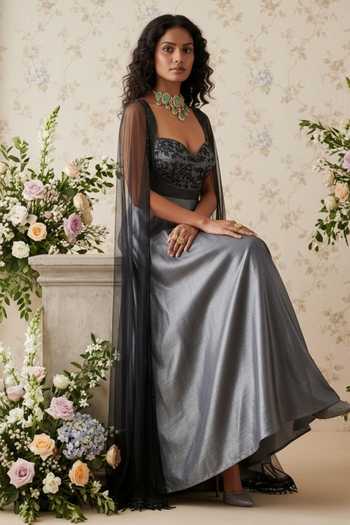 Buy_Devkalii_Grey Organza Sweetheart Neck Sequin Embellished Anarkali Set _Online_at_Aza_Fashions