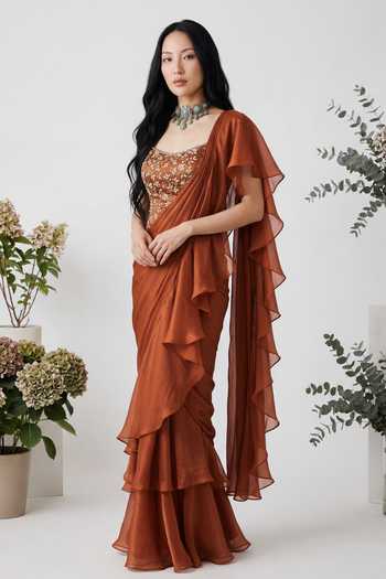 Buy_Devkalii_Brown Organza Scoop Neck Ruffle Pre-draped Saree With Blouse _at_Aza_Fashions