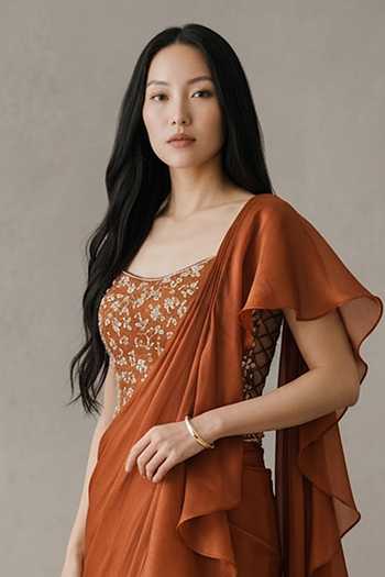 Buy_Devkalii_Brown Organza Scoop Neck Ruffle Pre-draped Saree With Blouse _Online_at_Aza_Fashions