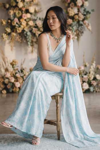 Devkalii_Sky Blue Silk V-neck Printed Saree And Blouse Set _Online_at_Aza_Fashions