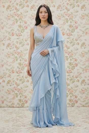 Buy_Devkalii_Blue Organza Plunge Neck Ruffle Pre-draped Saree With Blouse _at_Aza_Fashions