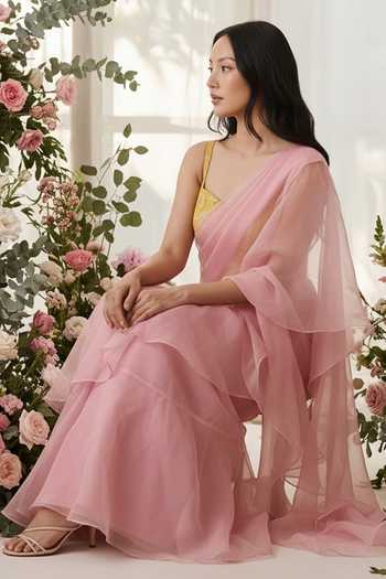Shop_Devkalii_Pink Organza Sweetheart Neck Ruffle Saree And Blouse Set _at_Aza_Fashions