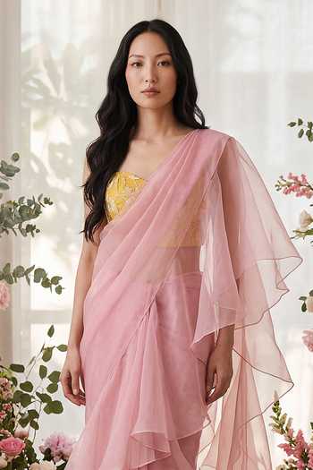 Devkalii_Pink Organza Sweetheart Neck Ruffle Saree And Blouse Set _Online_at_Aza_Fashions