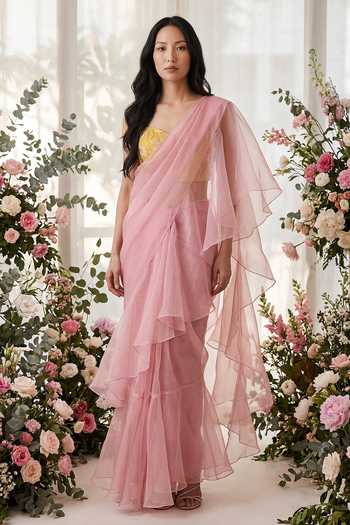 Buy_Devkalii_Pink Organza Sweetheart Neck Ruffle Saree And Blouse Set _at_Aza_Fashions