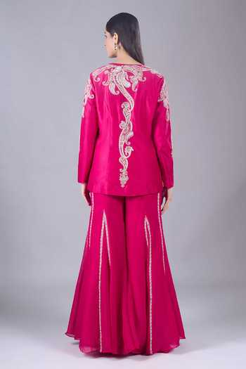 Shop_Charu And Vasundhara_Fuchsia V-neck Paisley Embroidered Jacket And Sharara Set _at_Aza_Fashions