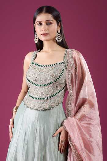 Charu And Vasundhara_Green Square Neck Embroidered Blouse Lehenga Set _Online_at_Aza_Fashions