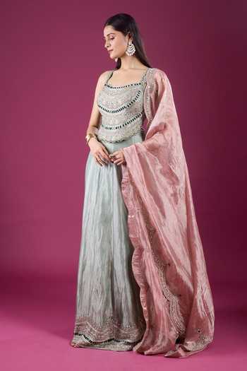 Shop_Charu And Vasundhara_Green Square Neck Embroidered Blouse Lehenga Set _Online_at_Aza_Fashions
