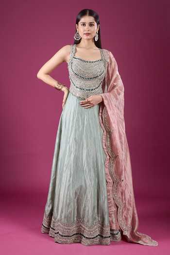 Buy_Charu And Vasundhara_Green Square Neck Embroidered Blouse Lehenga Set _at_Aza_Fashions