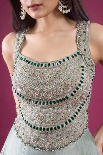 Buy_Charu And Vasundhara_Green Square Neck Embroidered Blouse Lehenga Set 