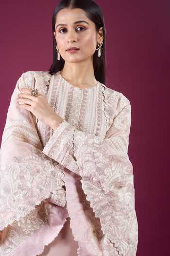 Shop_Anamika Khanna_Pink Round Neck Embroidered Cape Kurta Set _Online_at_Aza_Fashions