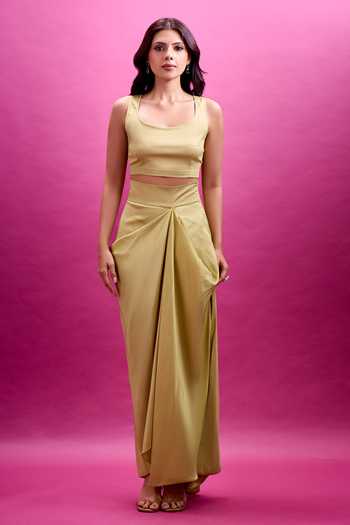 Anamika Khanna_Green Scoop Neck Embroidered Cape Draped Skirt Set _Online_at_Aza_Fashions