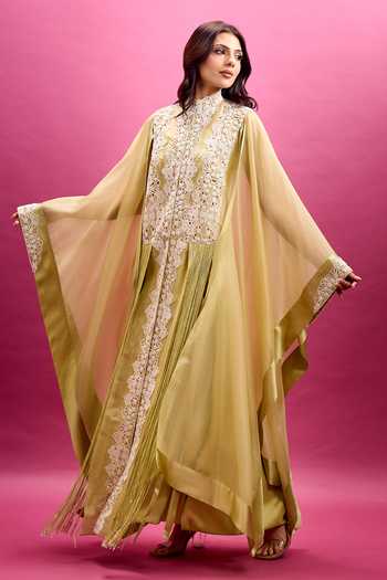 Buy_Anamika Khanna_Green Scoop Neck Embroidered Cape Draped Skirt Set _at_Aza_Fashions